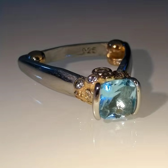 - 14k Yellow & White Gold Vermeil & Aquamarine Handcrafted Ring 6 1/2 - Picture 3 of 5